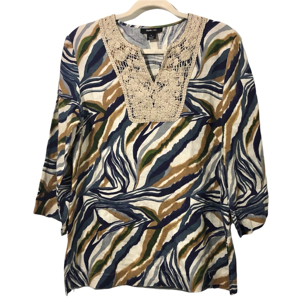 100% Linen STYLE&CO. Caftan 3/4 Sleeve Fall Colors Abstract Print Sz 12